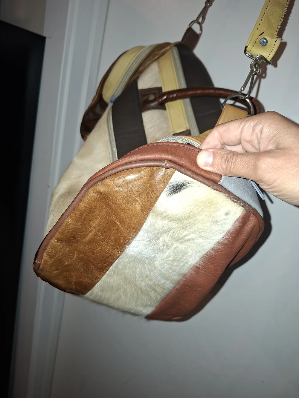American Vintage Brown & Cream Leather Haircalf Patchwork Hobo Bag